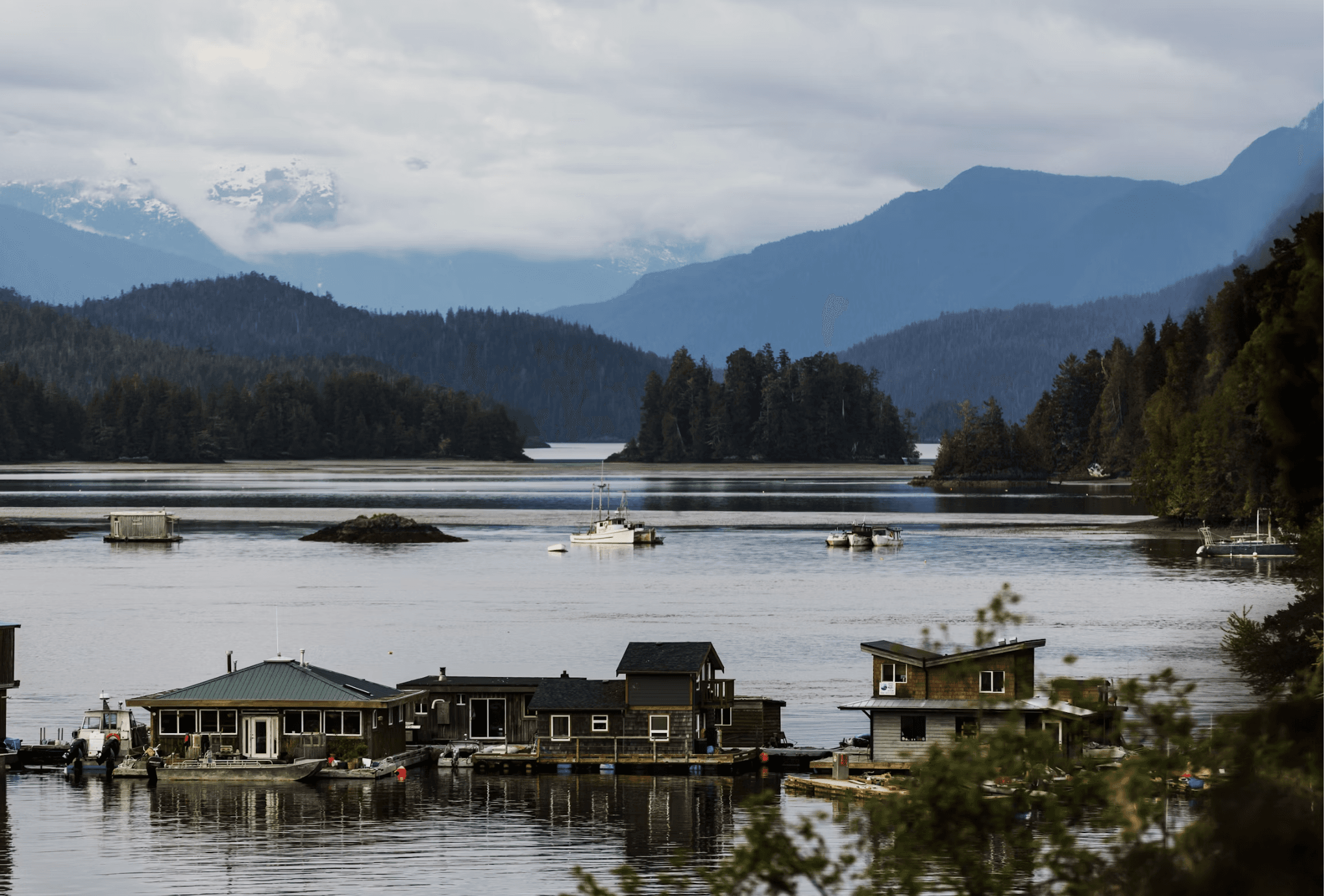 Shops and the ocean in Tofino with a view of surrounding trees and mountains