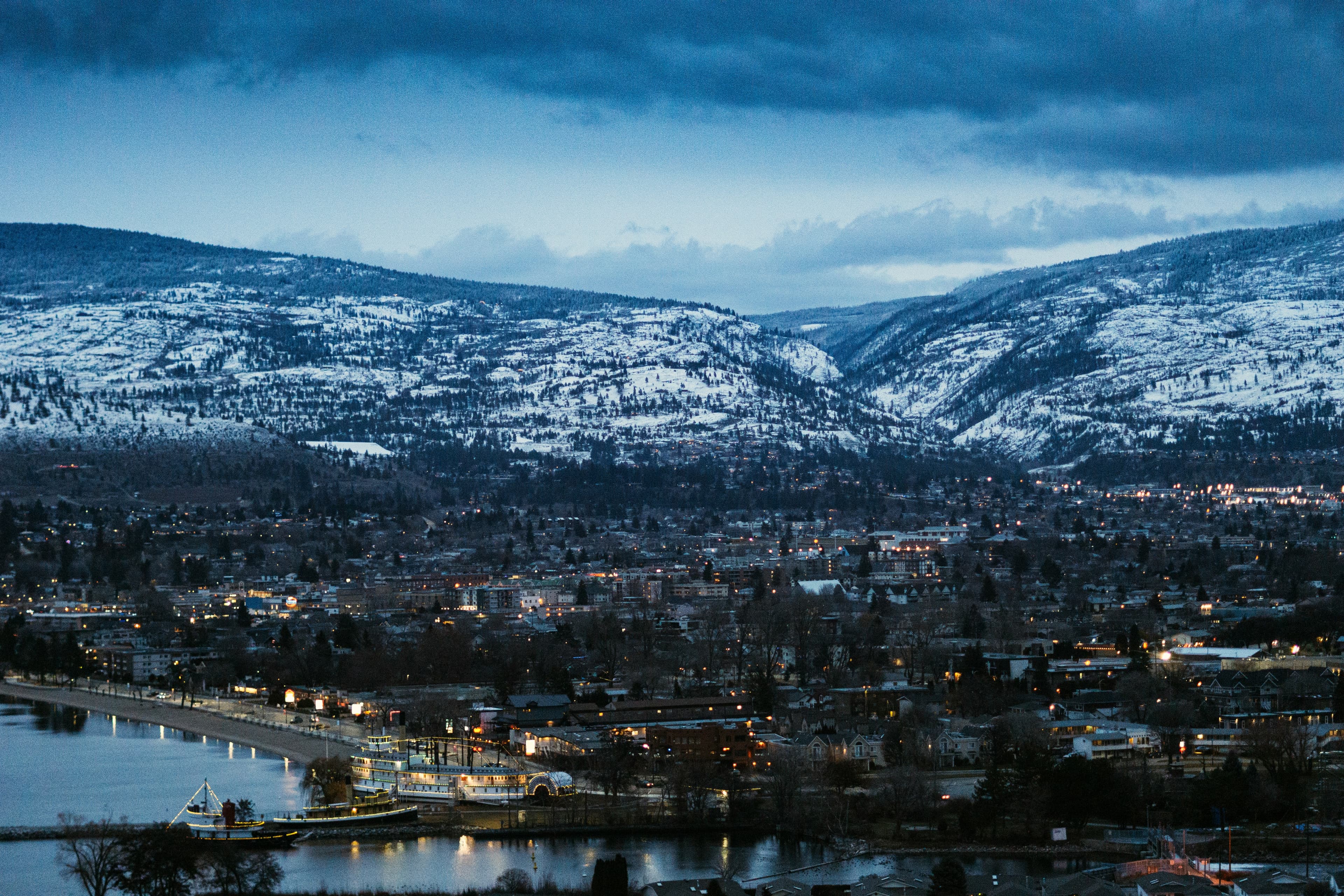 The city of Penticton from above in winter