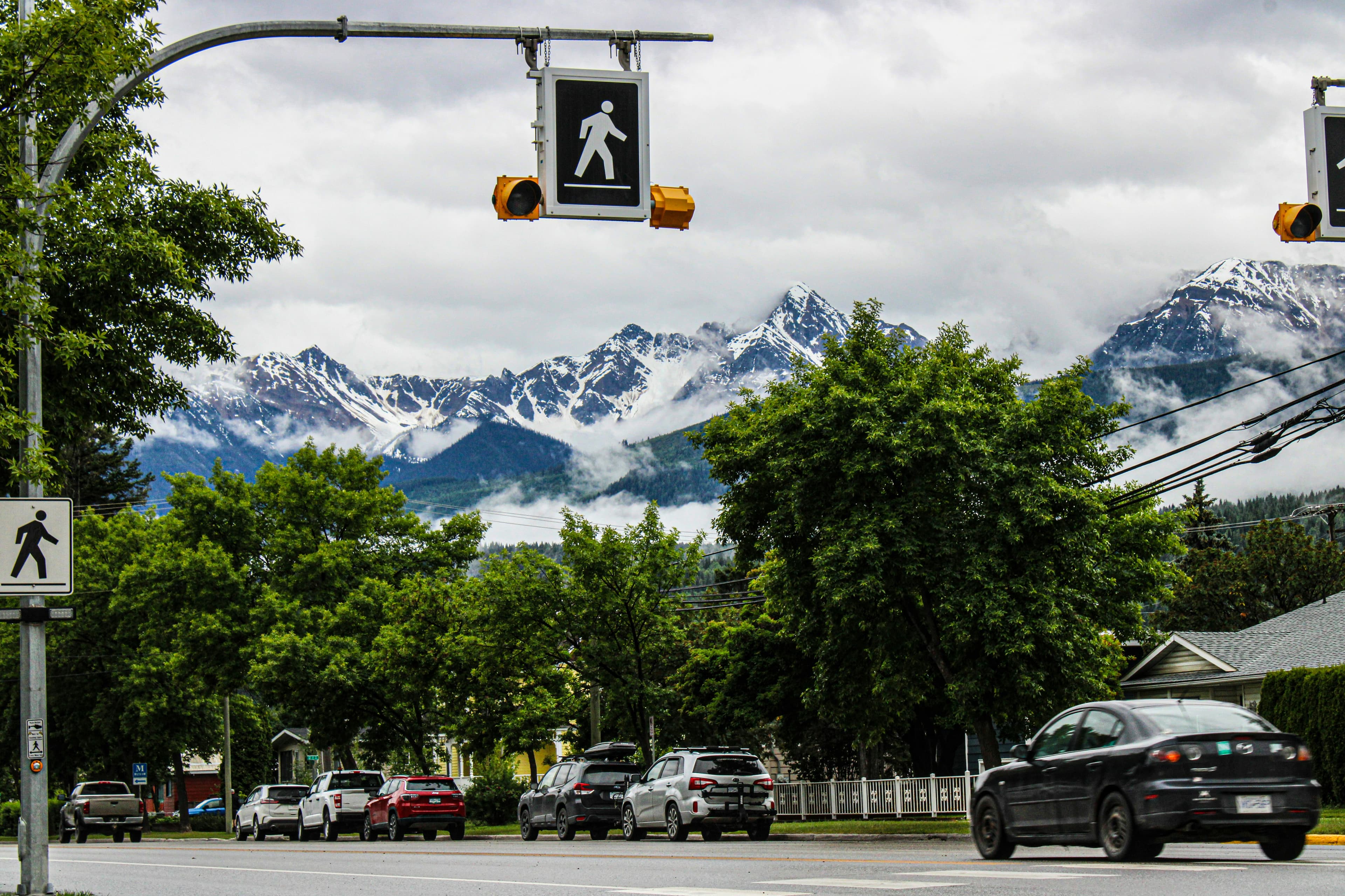 Town of Golden with a view of mountains from the street