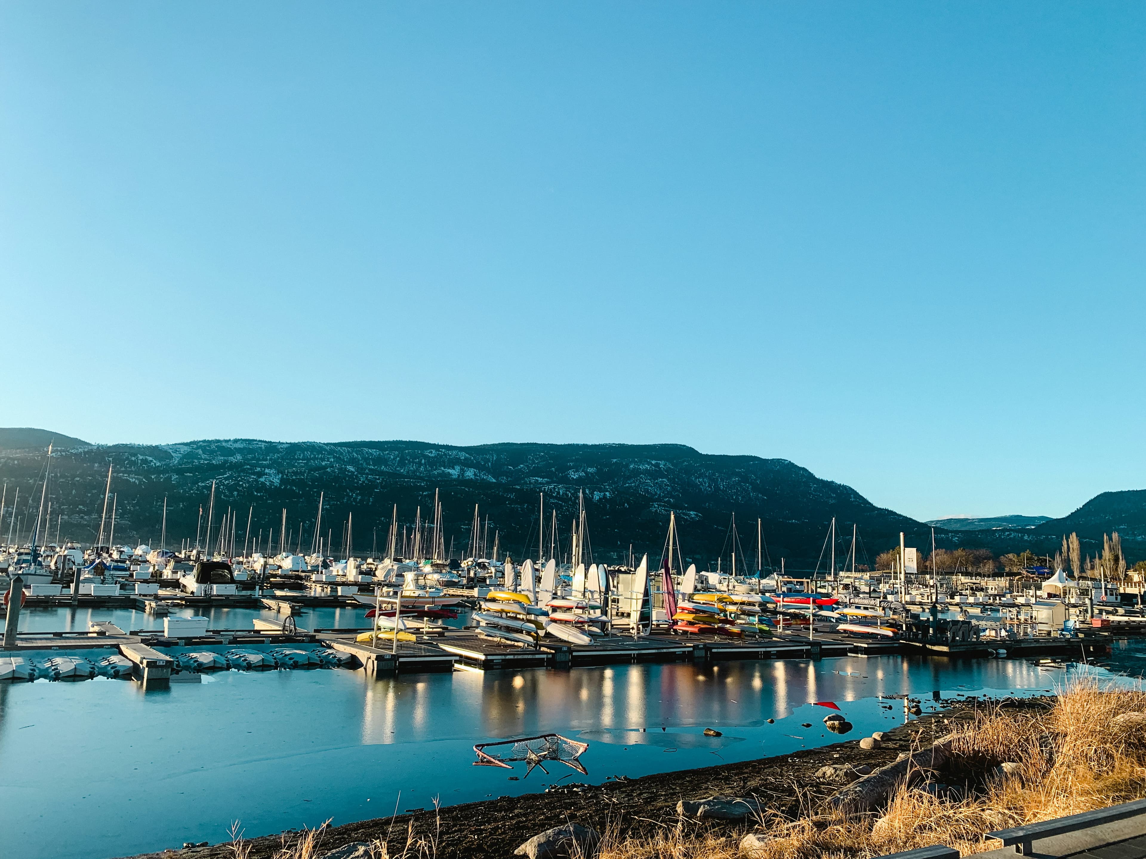 Boats in the Kelowna marina with a mountain behind