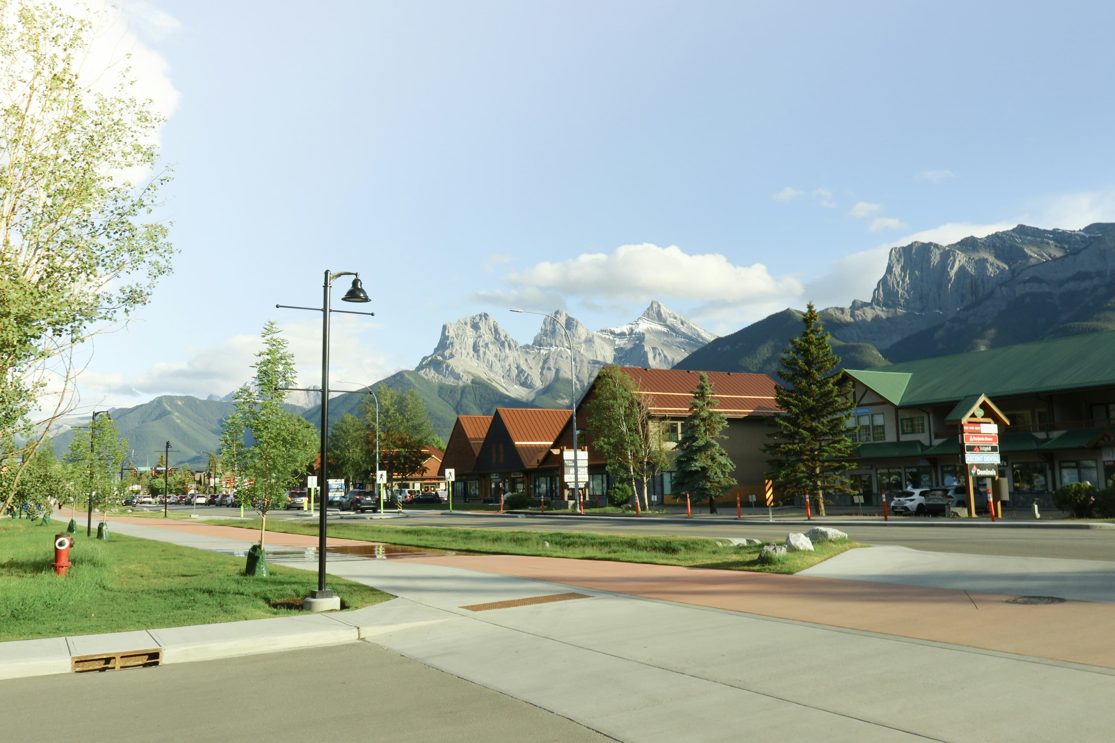 Downtown Canmore with a view of the three sisters mountain