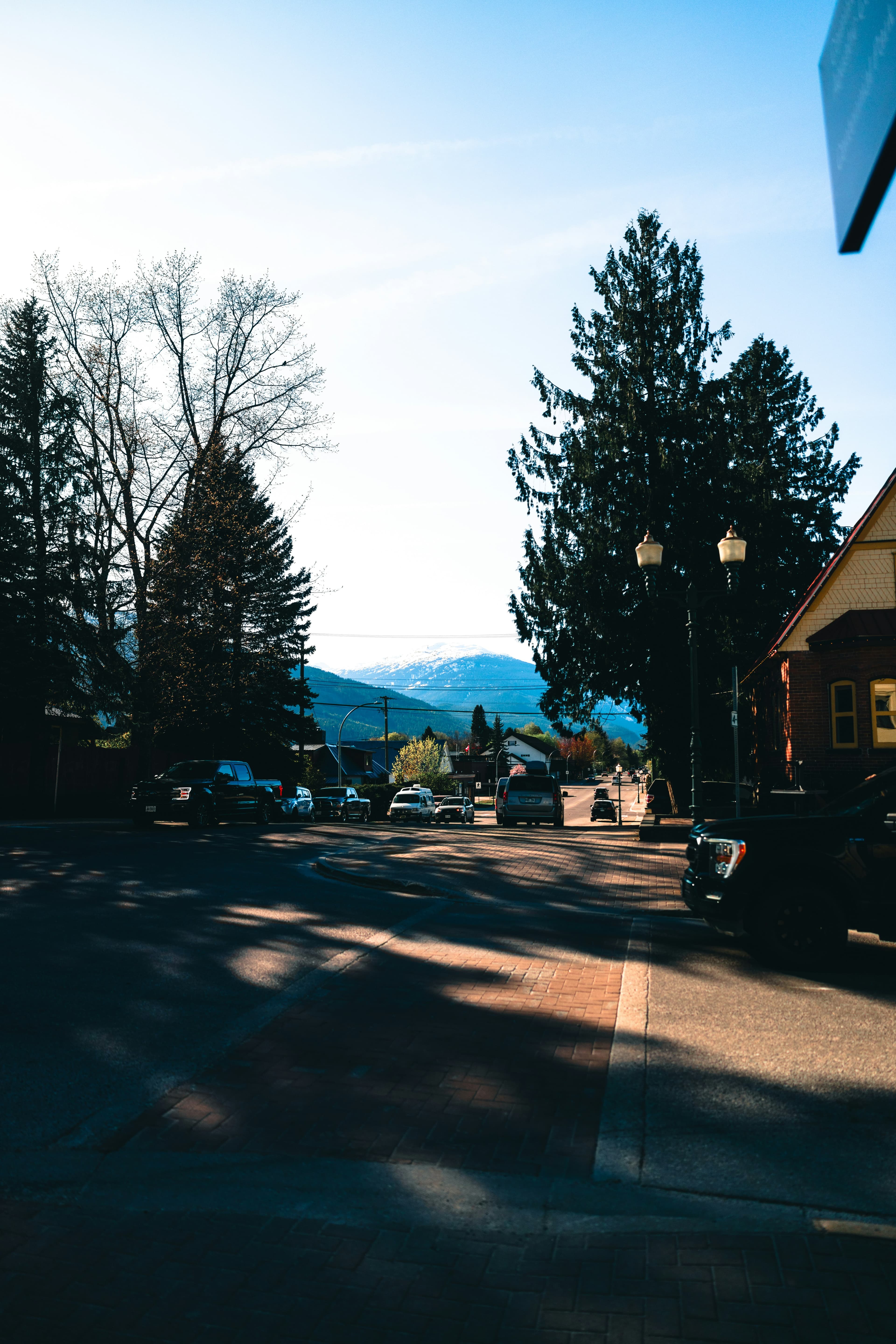 A street in the downtown core with trees on either side and mountains in he distance