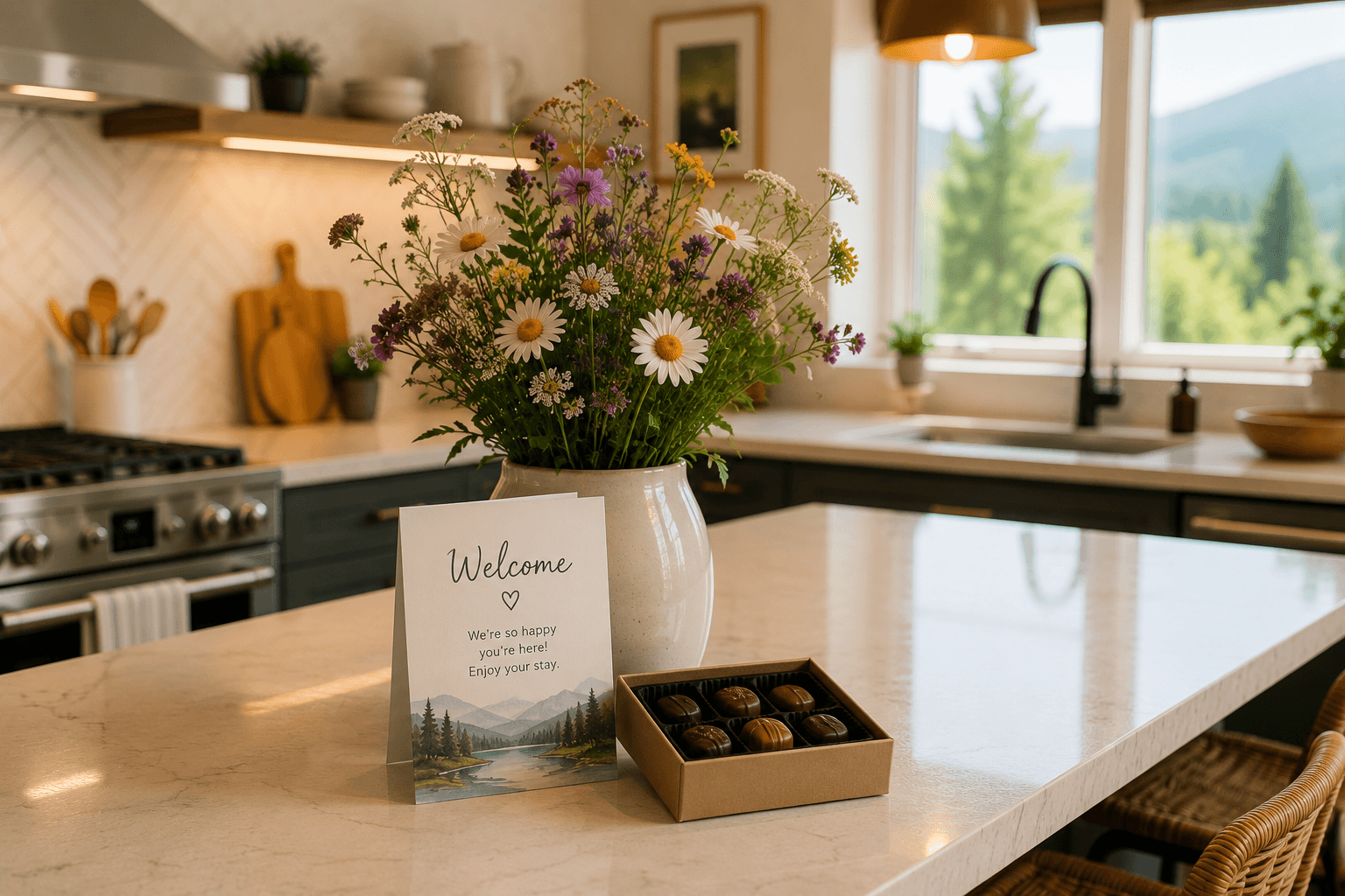 kitchen island with a welcome card, wildflowers and small box of chocolate